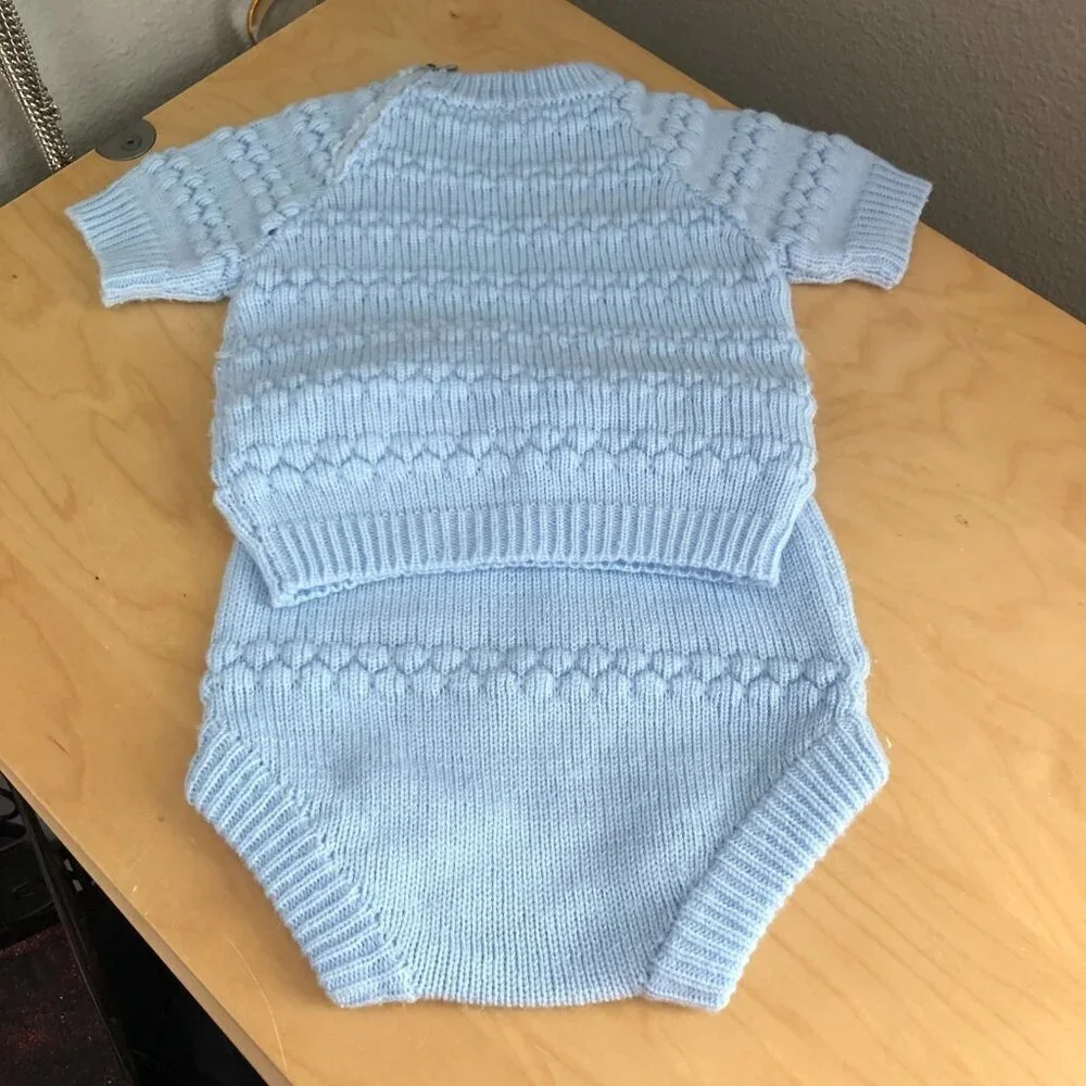 Vintage 60s Bubble Knit Sweater Set Boys 9  12M Blue White Top Bloomers Sock NEW